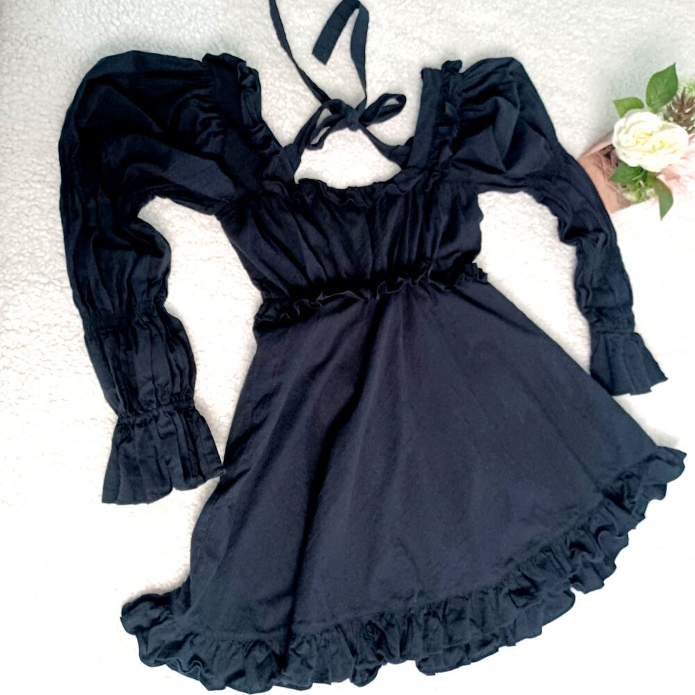 Black Dress Women Gothic Puff Sleeve Lolita Princess Kawaii Sweet M